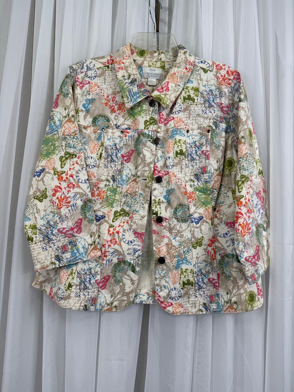 Christopher & Banks Womens Butterfly Print Jacket LG Cotton Stretch Button Front
